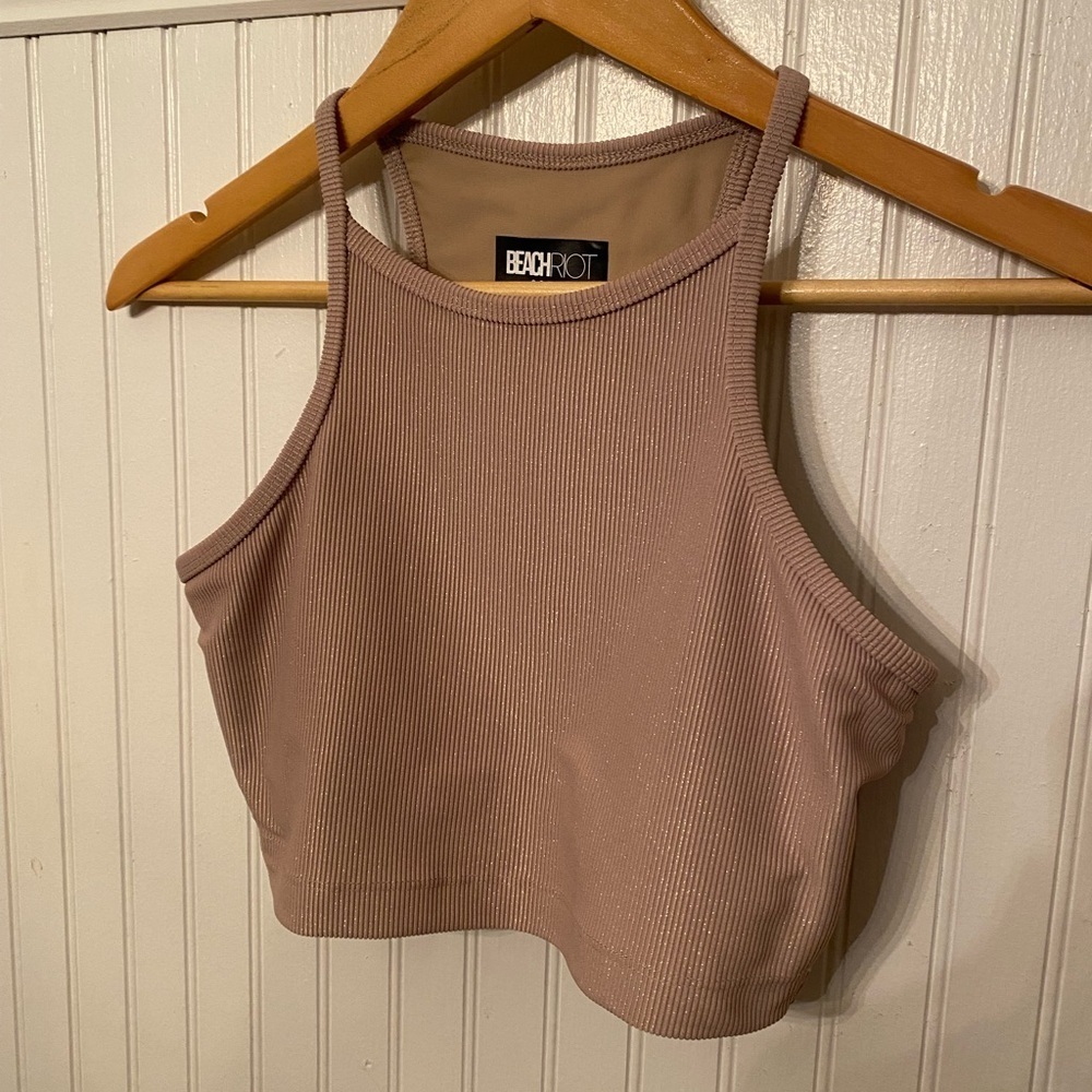 Beach Riot Mocha Ribbed with Built in Bra Cropped Tank Small